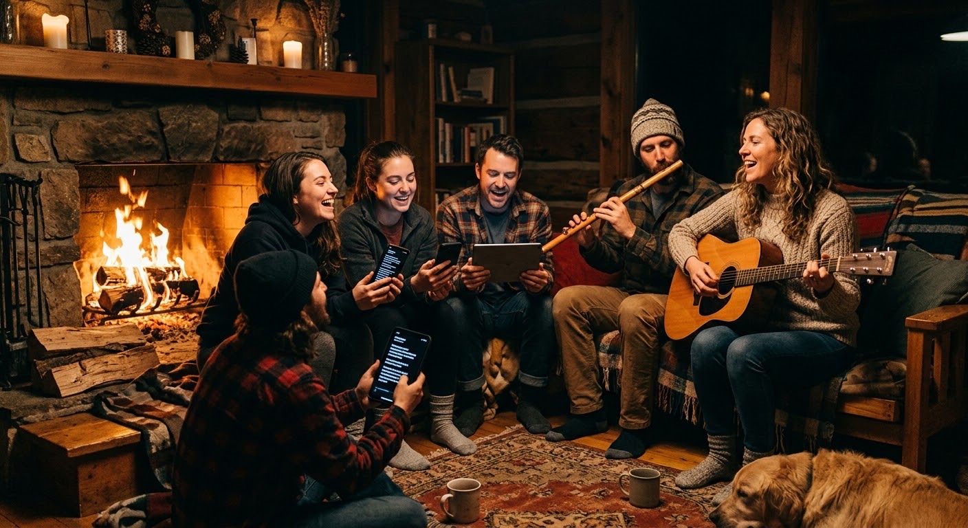 Venner, der synger ved pejsen og følger teksten på deres telefoner og en tablet, med guitar og fløjte