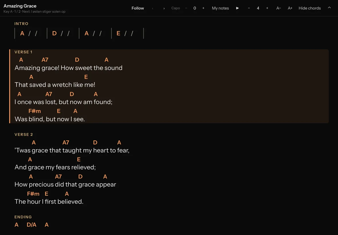 A tablet showing the chart of Amazing Grace with chords, following the leader