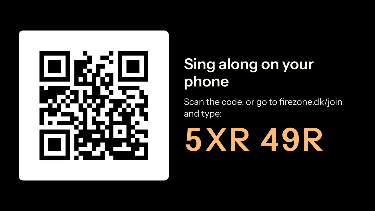 A TV showing a QR code and the code to join the sing-along